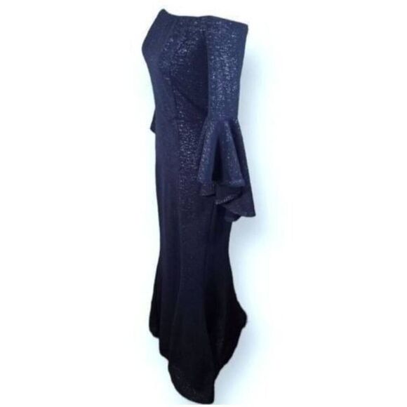 VENUS NAVY & SILVER METALLIC OFF-THE-SHOULDER BELL SLEEVE DRESS SZ.6 EUC. - Picture 6 of 10